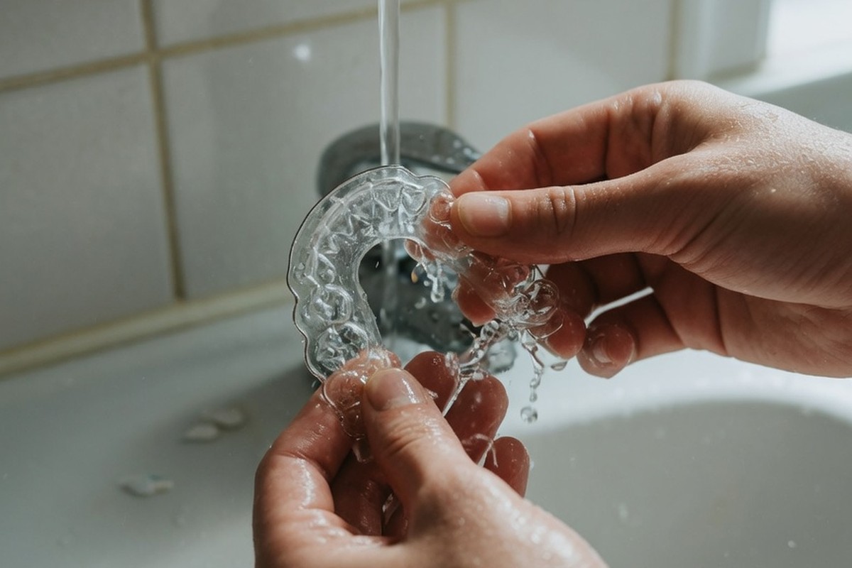 Handen met doorzichtige spalk boven wastafel in badkamer