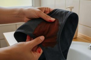 Handen controleren verzadiging menstruatieslip bij wastafel