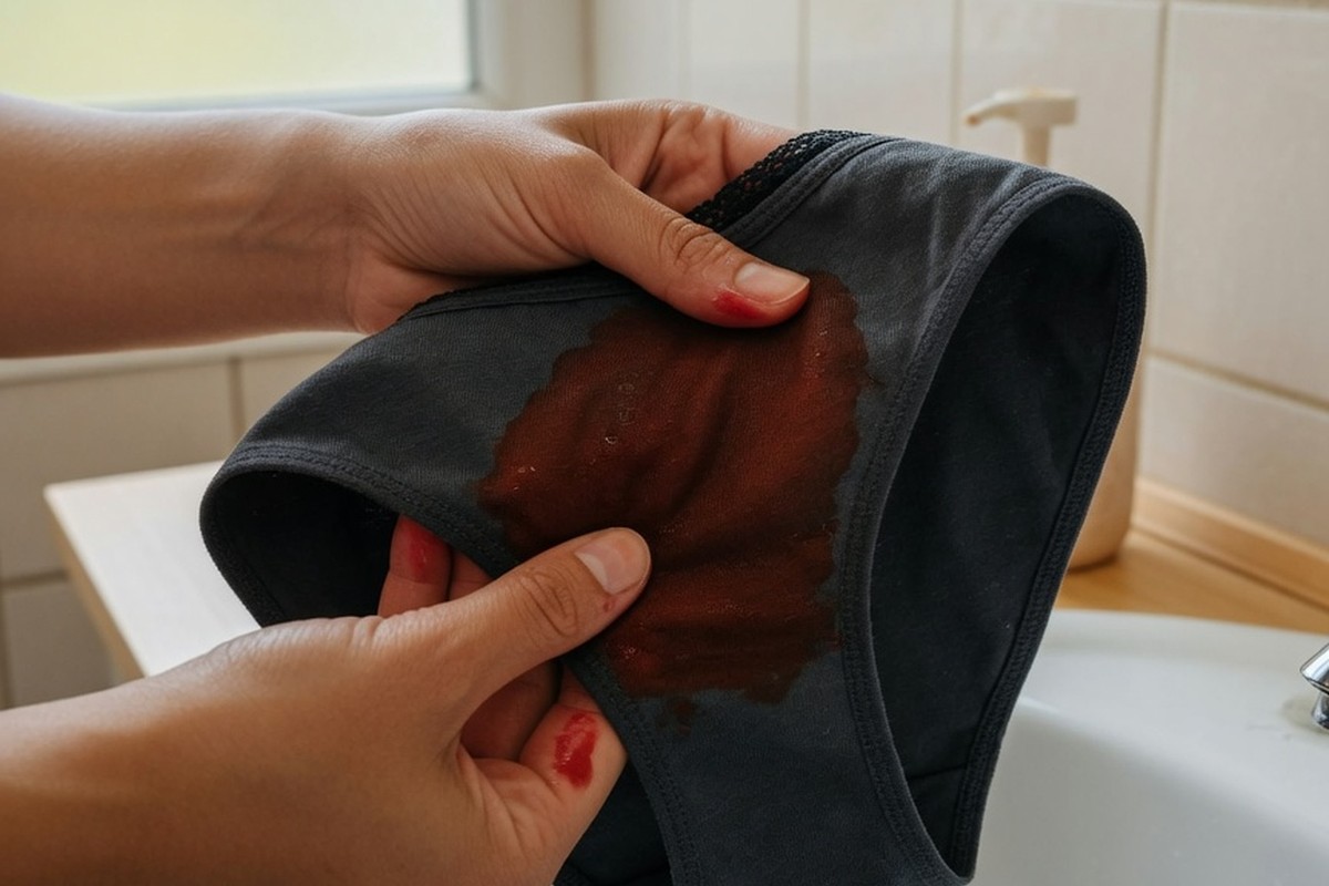 Handen controleren verzadiging menstruatieslip bij wastafel