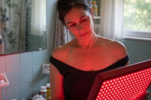 Vrouw richt rood licht paneel op schouder in badkamer