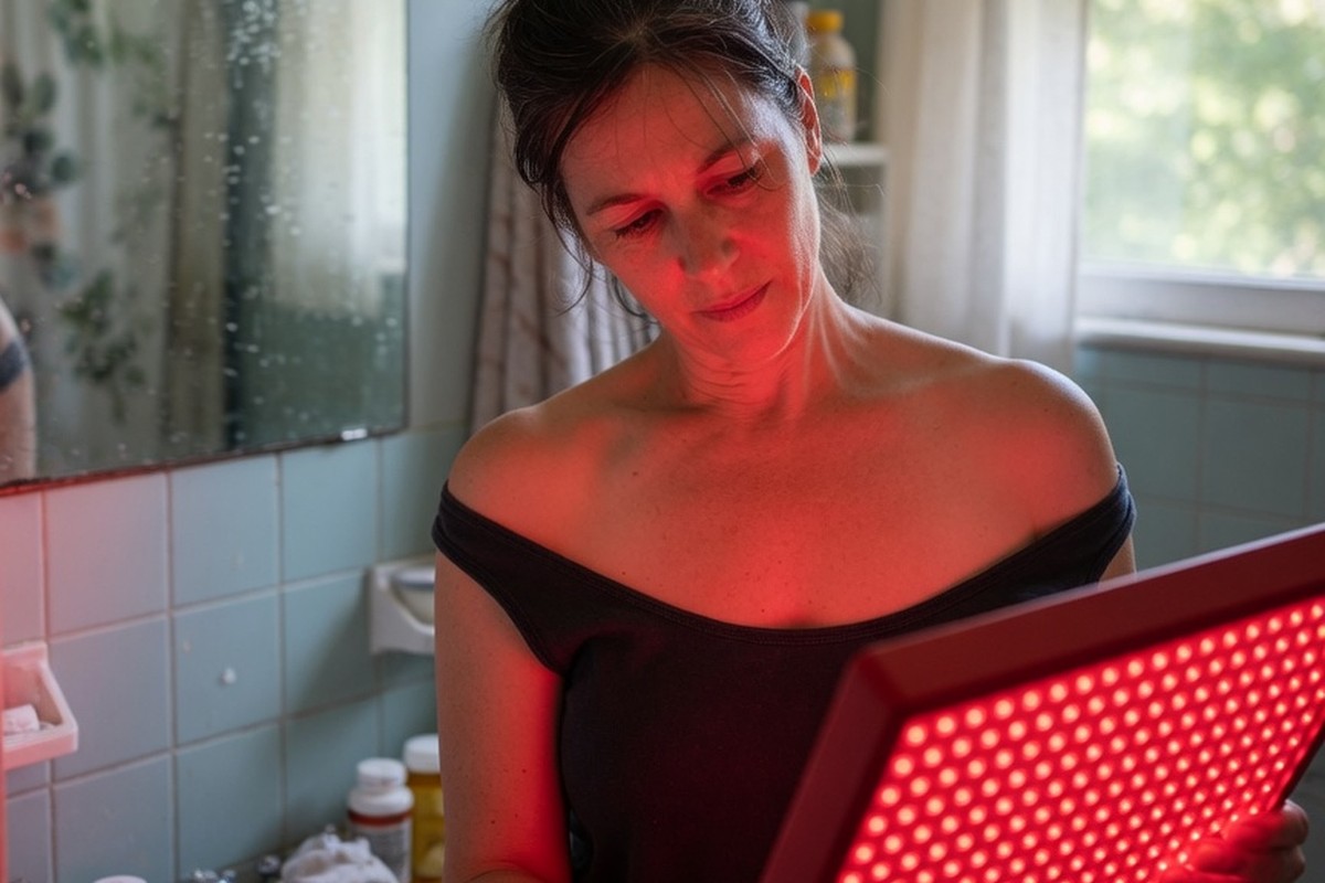 Vrouw richt rood licht paneel op schouder in badkamer