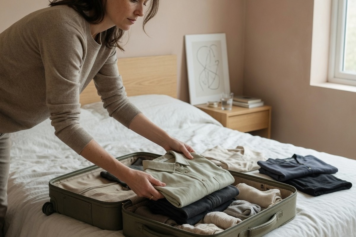 Vrouw vouwt kleding in koffer bij zacht daglicht