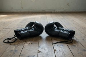 Twee lege zwarte bokshandschoenen op een houten vloer