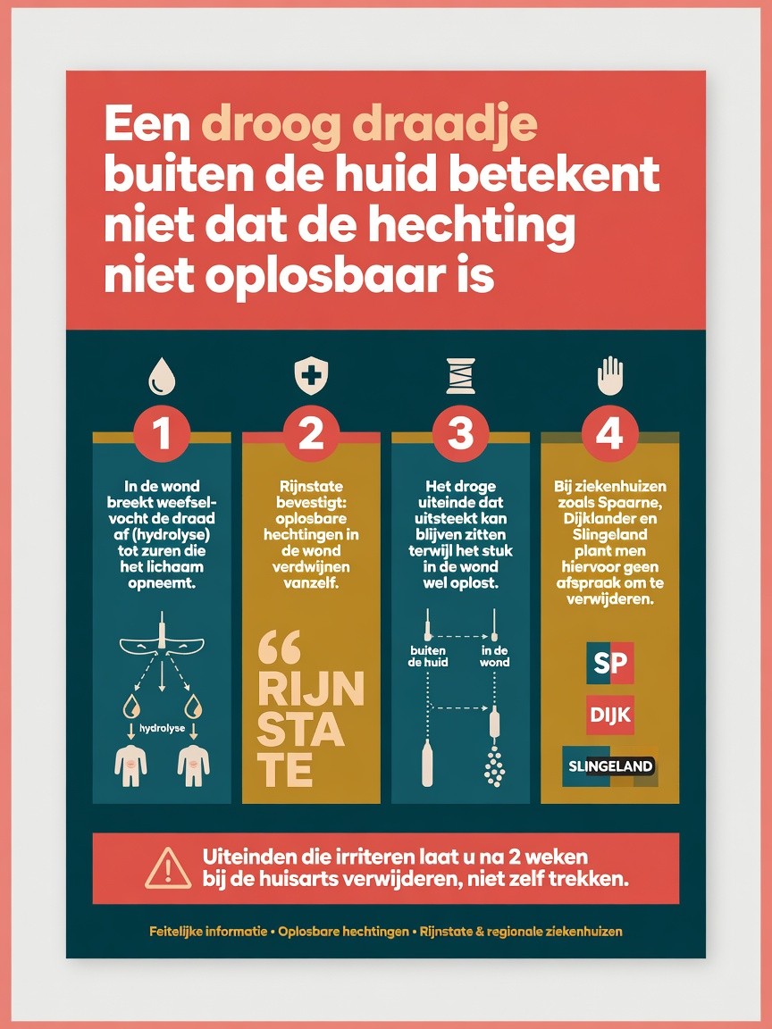 Een droog draadje buiten de huid betekent niet dat de hechting niet oplosbaar is