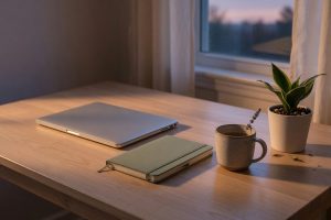 Opgeruimd bureau met dichte laptop in warm avondlicht