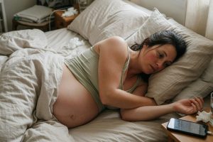 Zwanger vrouw rustend in bed met telefoon op nachtkastje