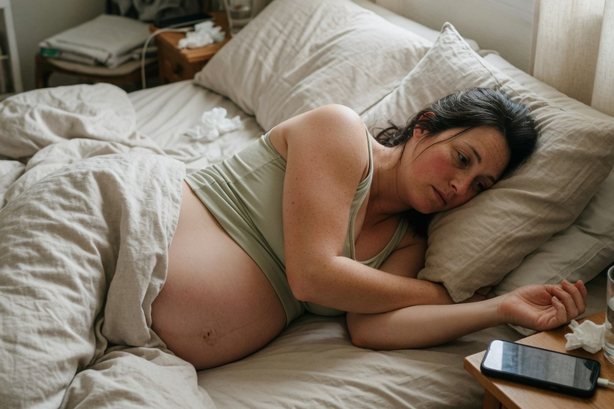 Zwanger vrouw rustend in bed met telefoon op nachtkastje