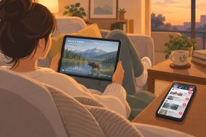 Persoon ontspant op de bank met een tablet met rustige natuurdocumentaire en een telefoon met drukke sociale media-feed.
