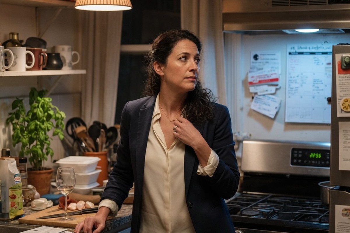 Vrouw kijkt naar ovenklok met 22:55 in keuken