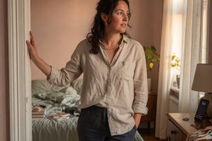 Vrouw in slaapkamer met telefoon die 19:19 toont