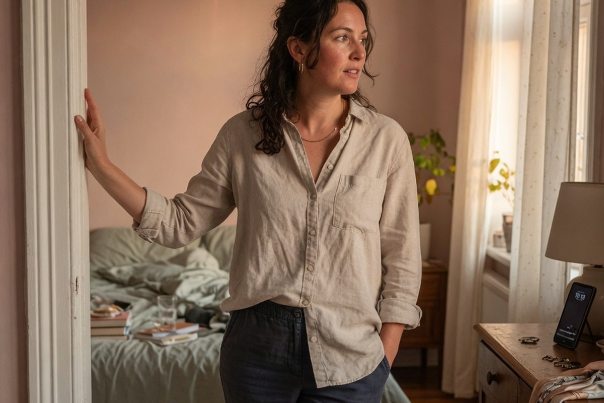 Vrouw in slaapkamer met telefoon die 19:19 toont