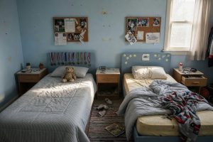 Twee identieke bedden in kinderkamer met verschillend beddengoed onder ochtendlicht