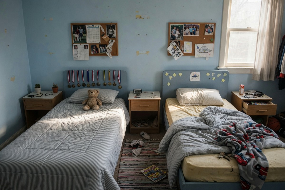 Twee identieke bedden in kinderkamer met verschillend beddengoed onder ochtendlicht